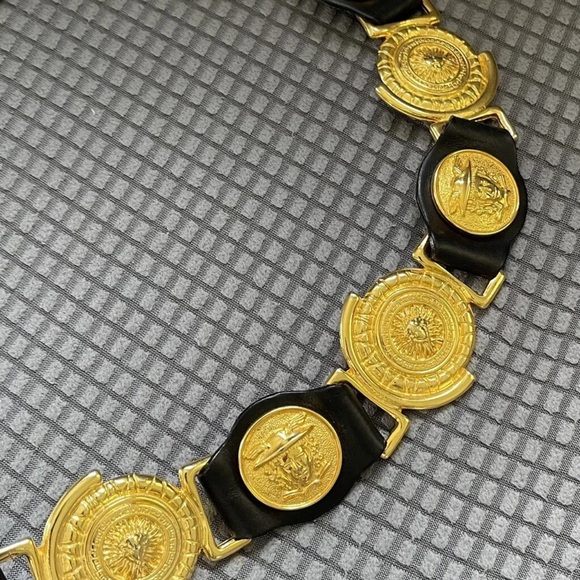 Vtg Milos Italy Black Leather Gold Hermes Head Greek God Medallion Belt LARGE - Picture 4 of 16